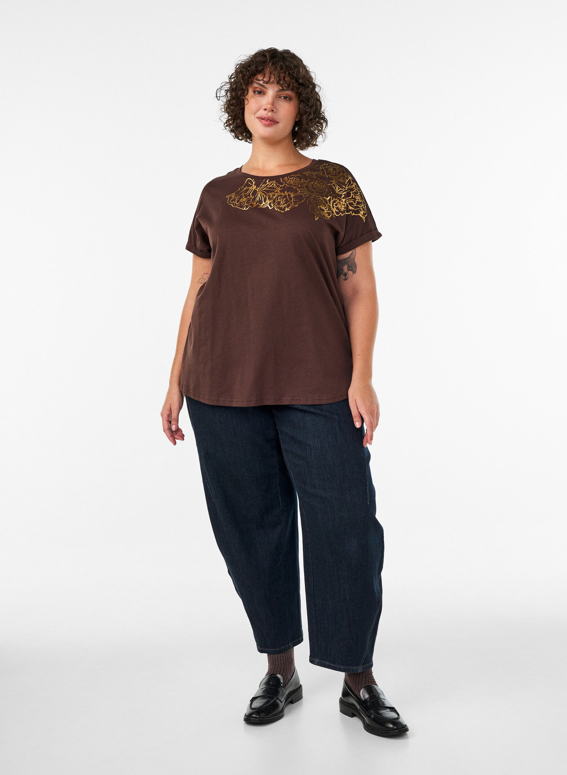 ZizziKatoenen T-shirt met bloemenprint, Bruin, Model image number 1