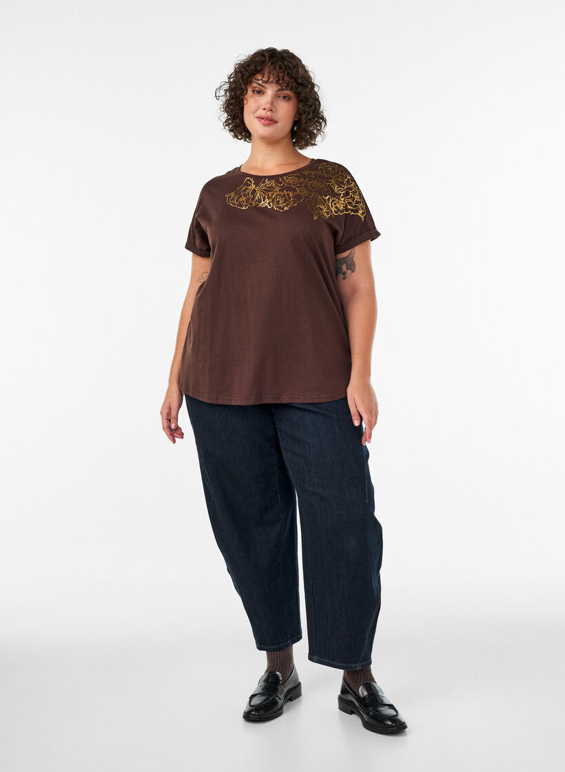 Katoenen T-shirt met bloemenprint, Bruin, Model image number 1