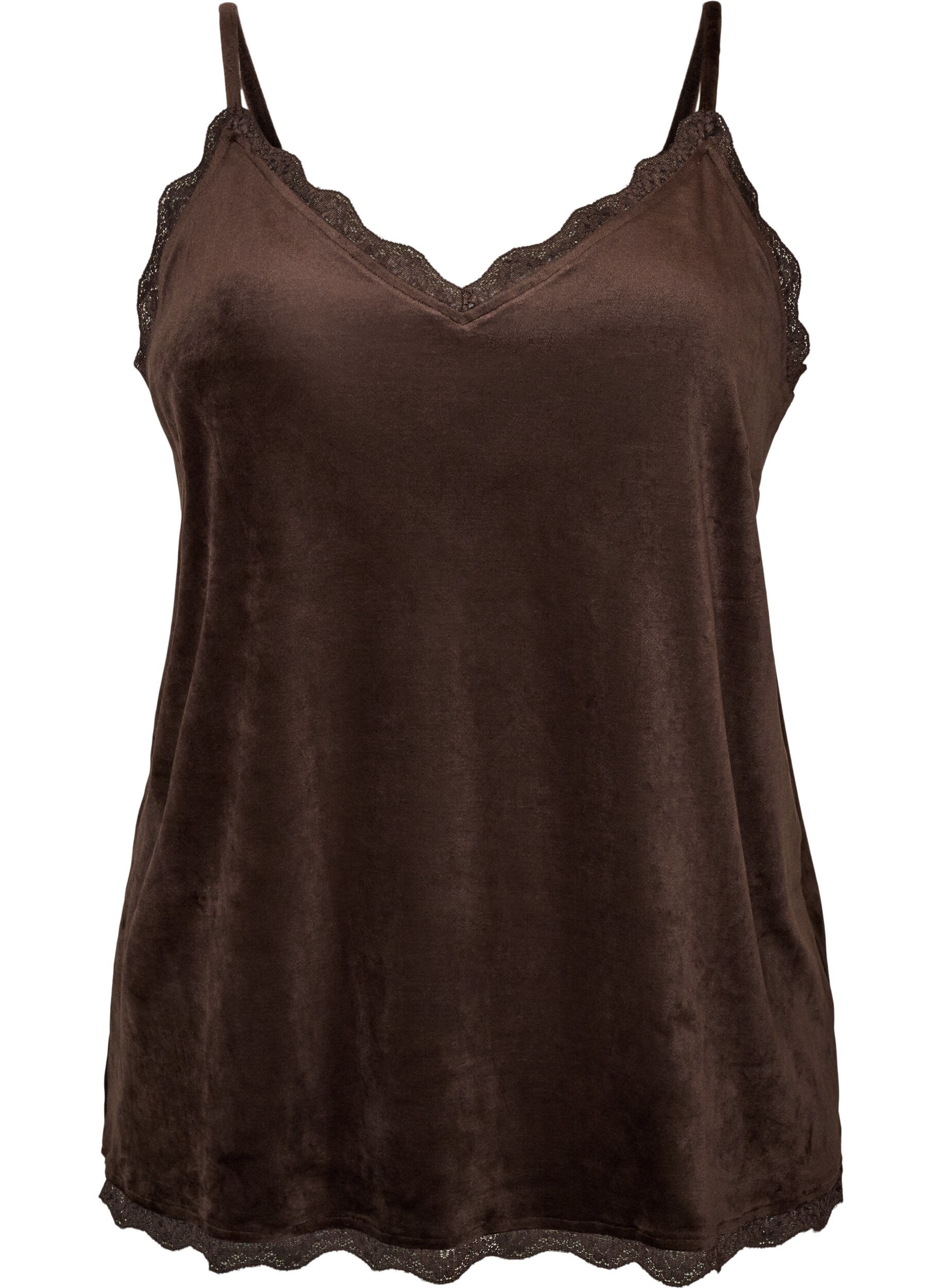 ZizziVelour top met kanten rand, Bruin, Packshot image number 0