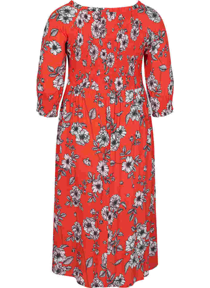 Gebloemde viscose midi-jurk met smok, Fiery Red Flower AOP, Packshot image number 1