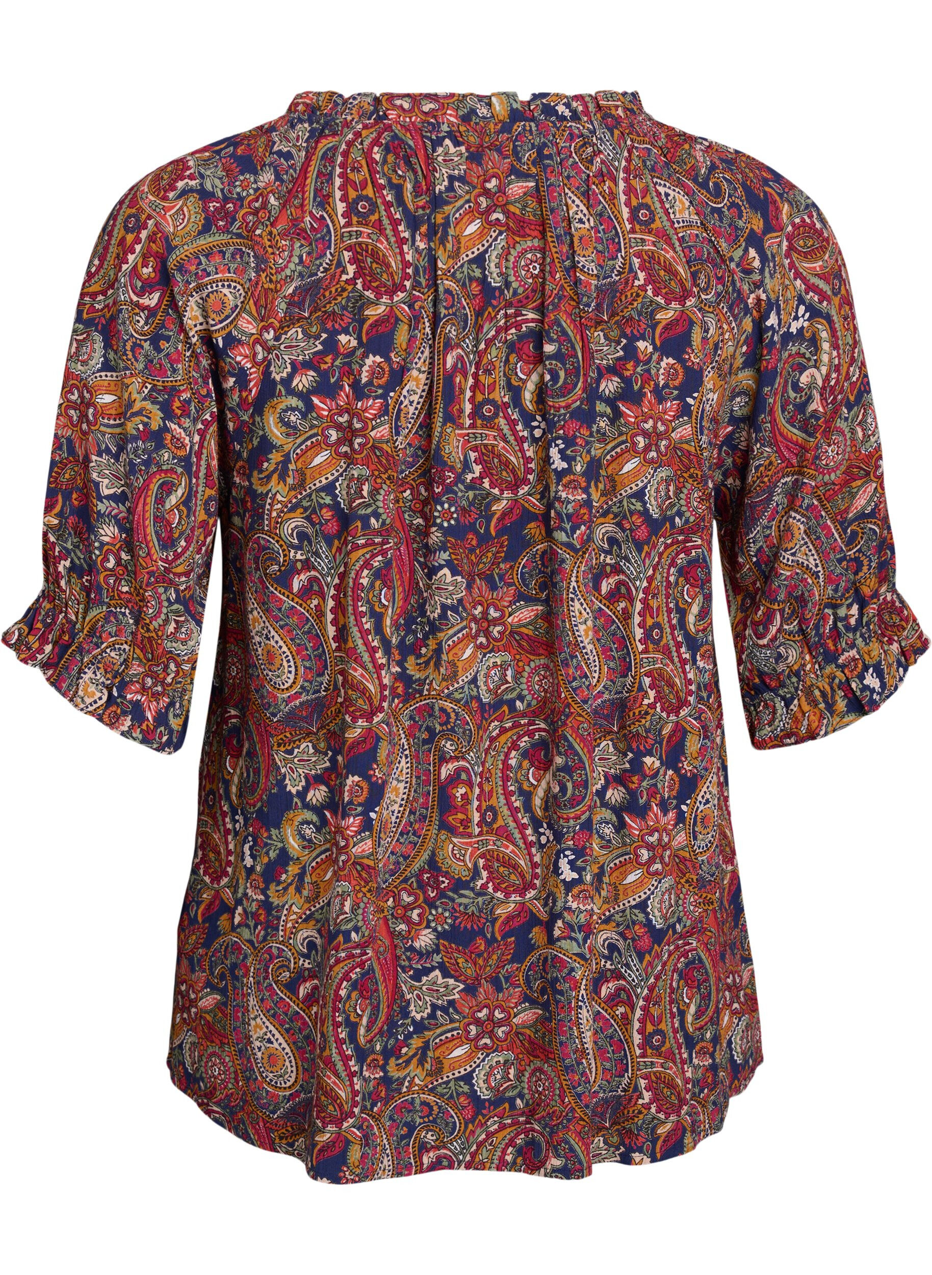 Zizzi Blouse van viscose met paisley print en mouwen tot de elleboog, Blauw, Packshot image number 1