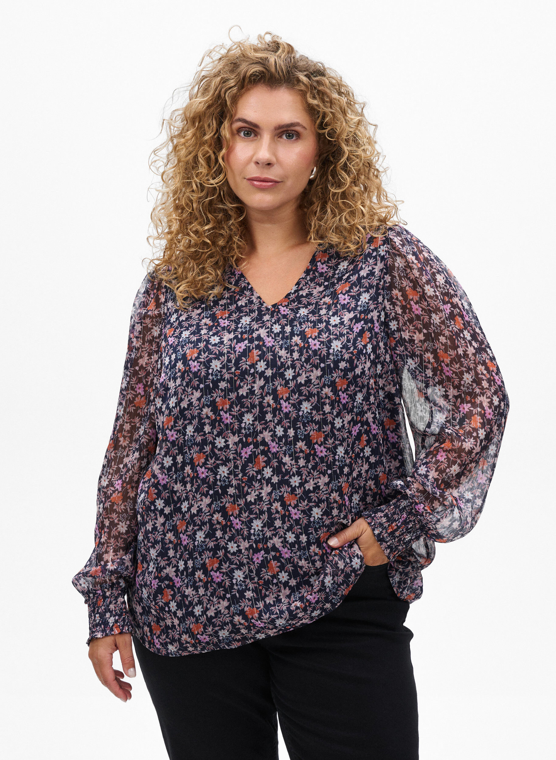 Blouse met bloemenprint en glitterdraad, Blauw, Model