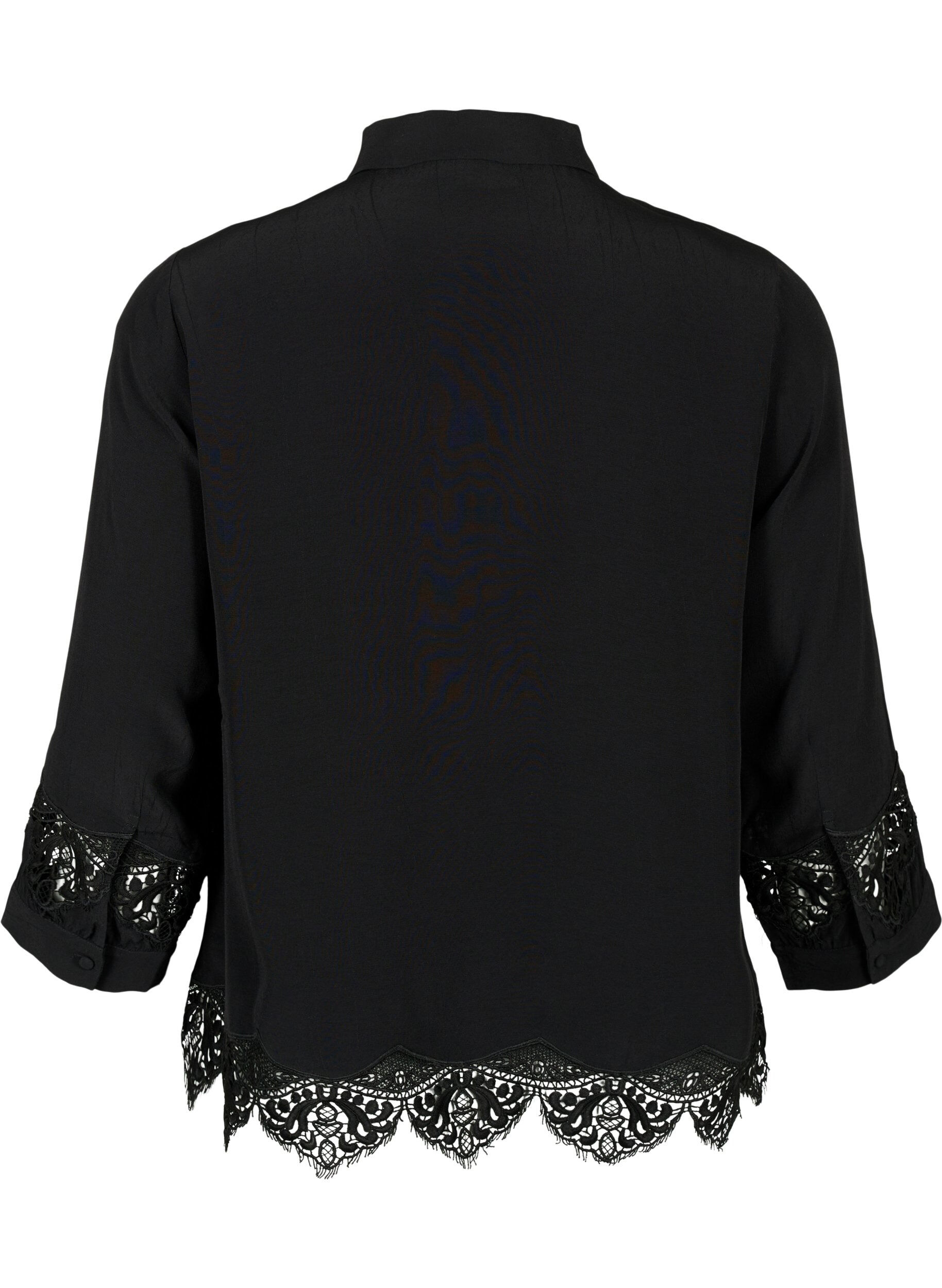 Zizzi Viscose shirt met 3/4 mouwen en borduurdetails, Black, Packshot image number 1