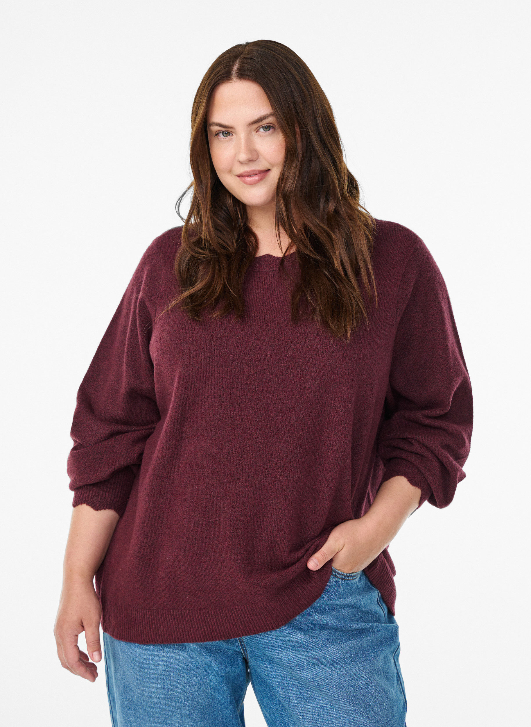 ZizziGebreide blouse met golvende randen, Donker Bordeaux, Model image number 0