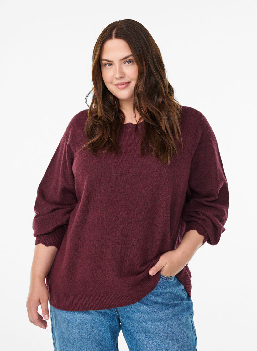 Gebreide blouse met golvende randen, Donker Bordeaux, Model image number 0