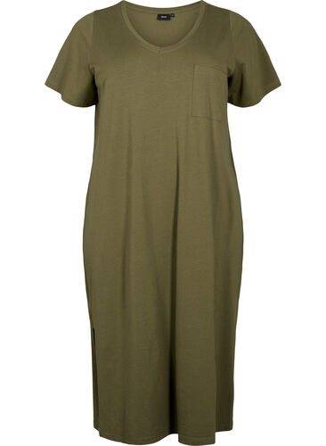 Katoenen jurk met korte mouwen en split, Ivy Green, Packshot image number 0