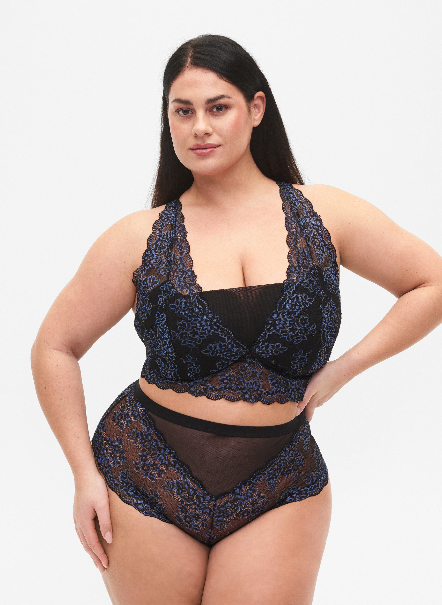 Zizzi Kanten slip met high waist, Black w. blue lace, Model image number 0