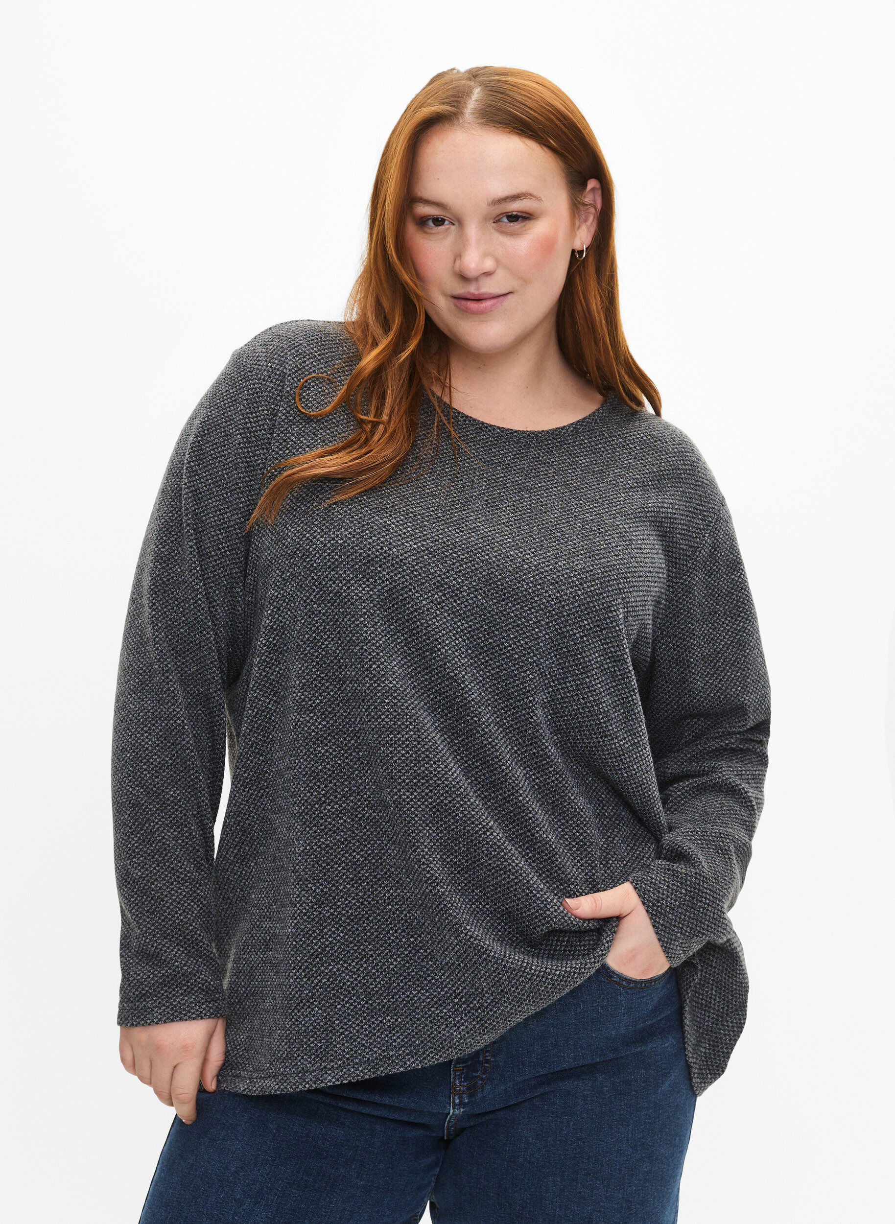 Zizzi Melange Blouse met een rond halsje en lange mouw, Dark Grey, Model image number 0