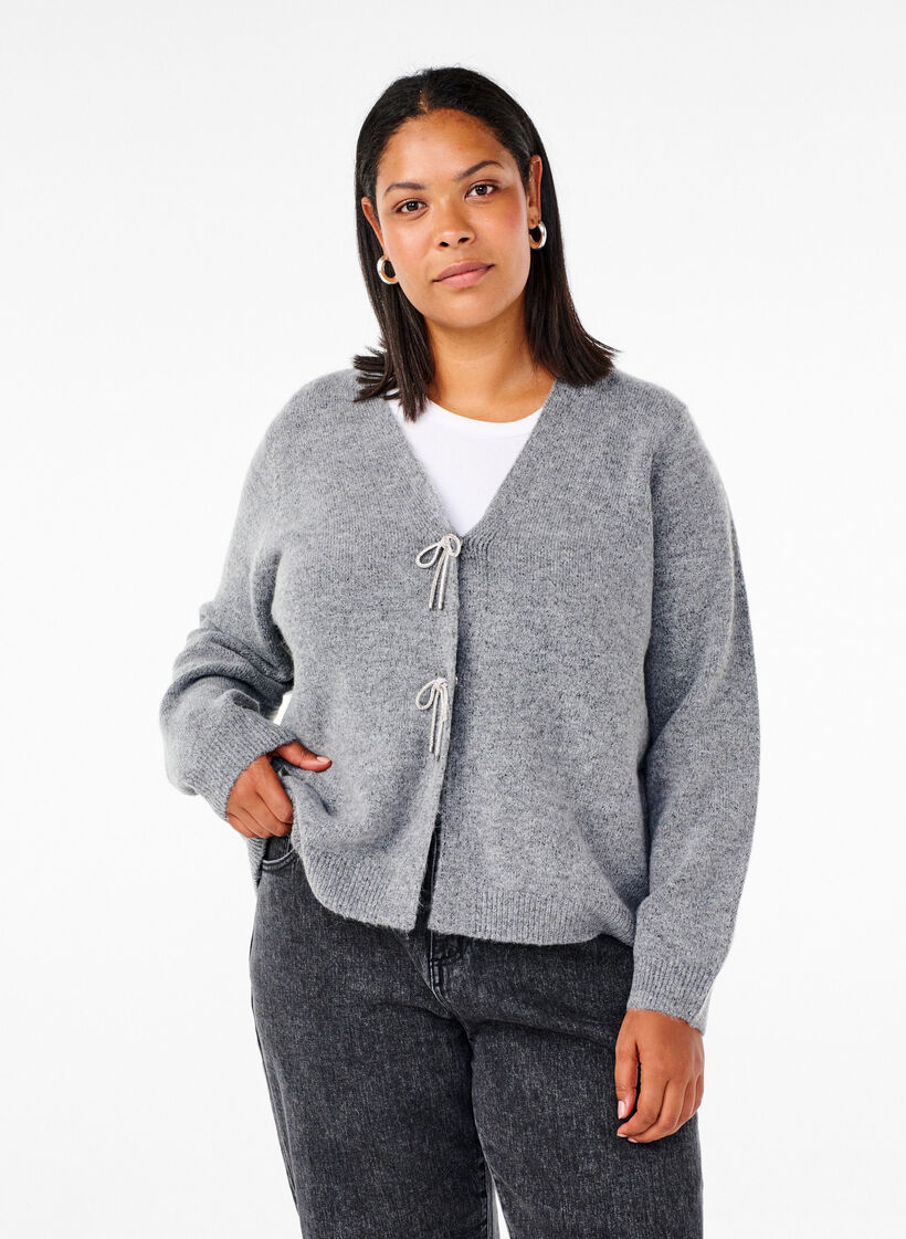 Gebreid vest met een zilveren strik, Medium Grey Melange, Model image number 0