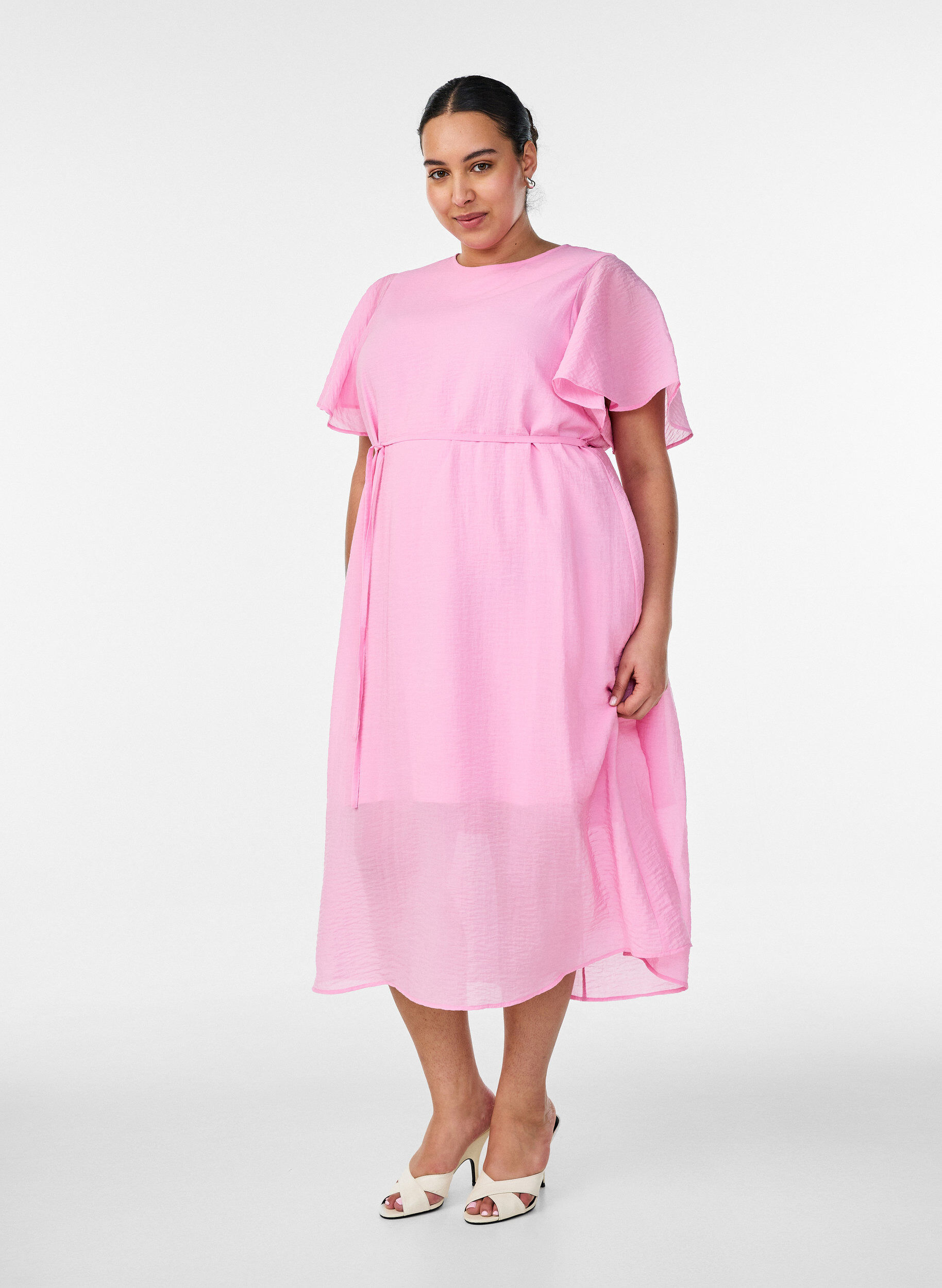 Enkellange jurk met vlindermouwen en strikceintuur, Roze, Model