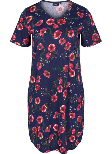 Katoenen jurk met korte mouwen en bloemenprint, Night sky Red flower, Packshot image number 0