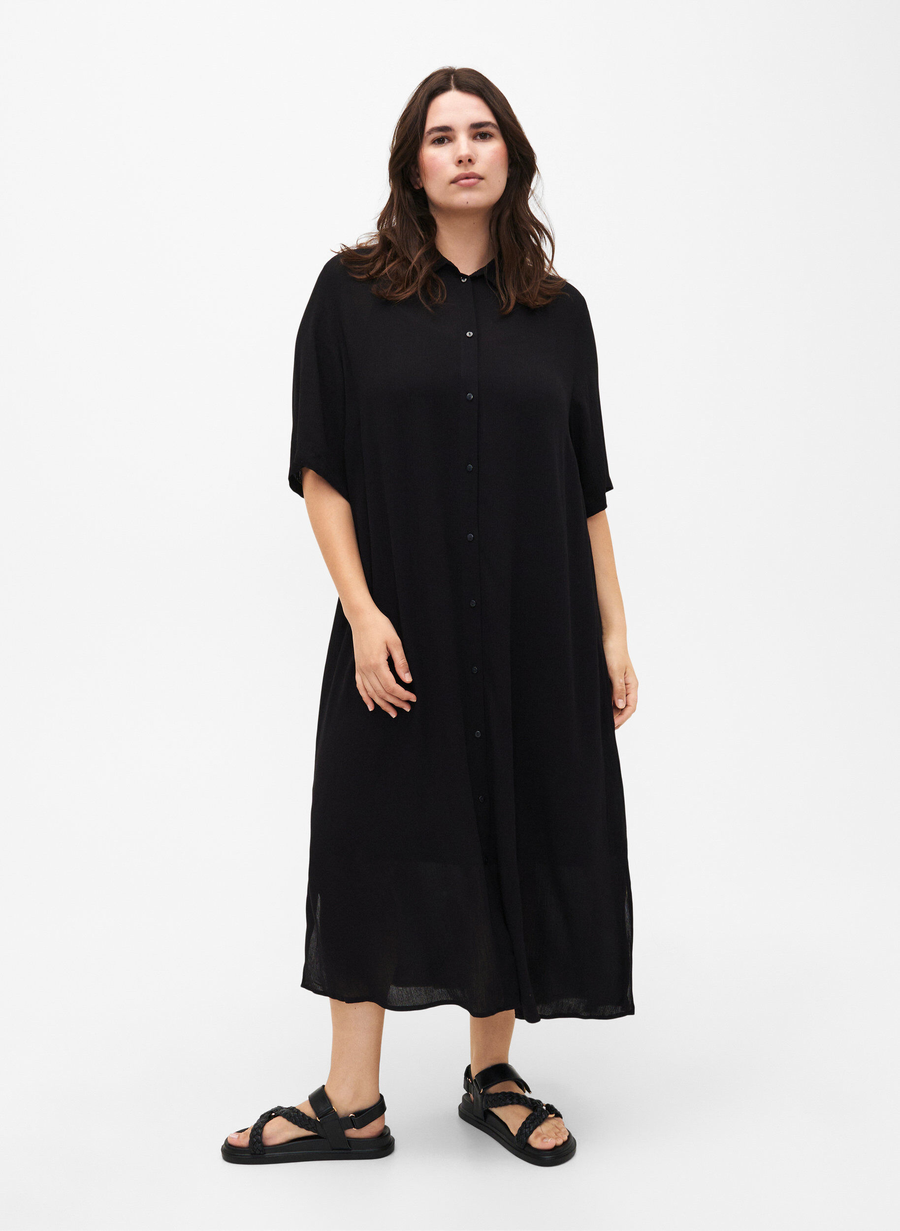 Zizzi Viscose overhemdjurk met korte mouwen, Black, Model image number 0