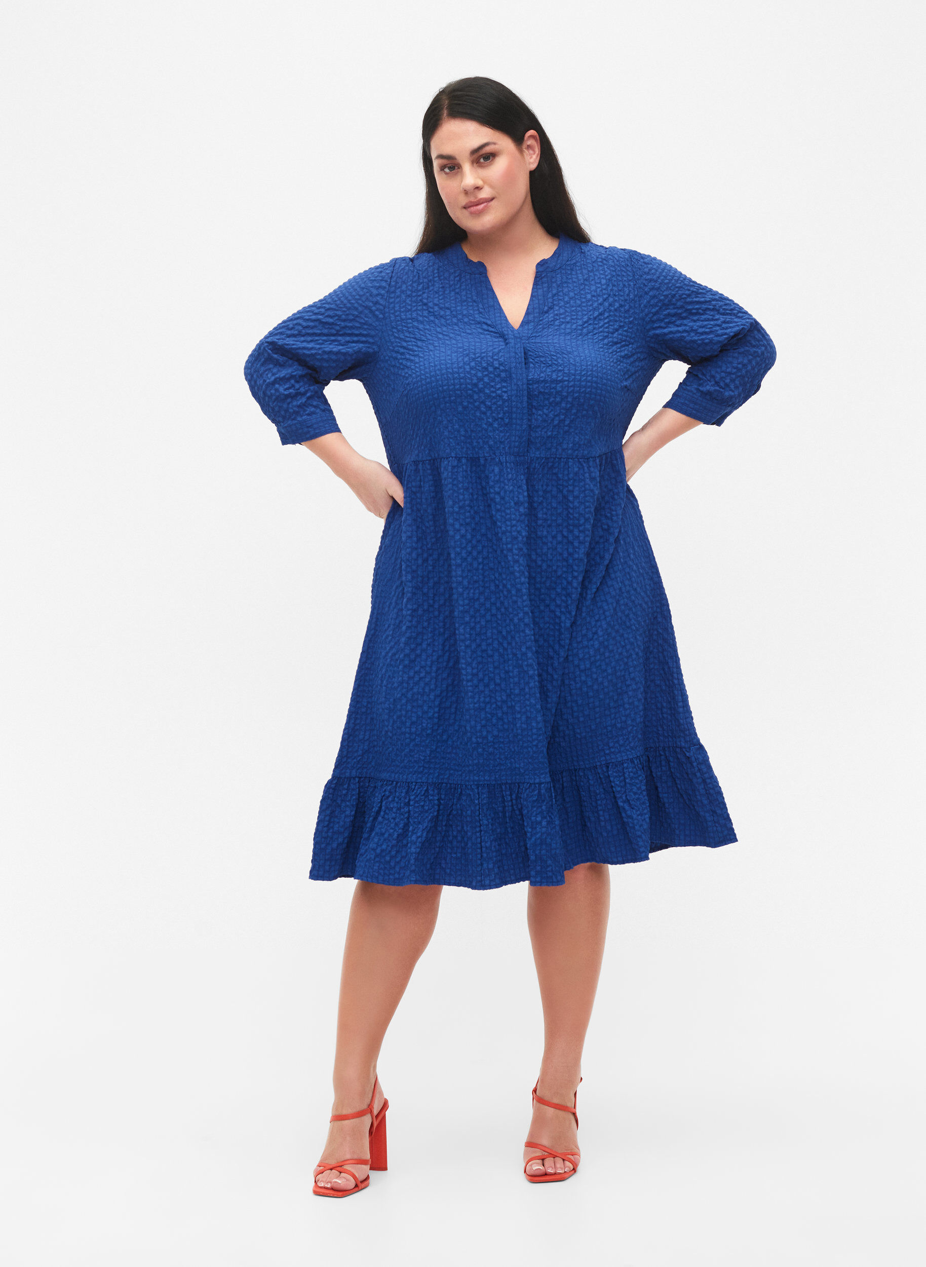 Zizzi Effen midi jurk met 3/4-mouwen, True blue, Model image number 2