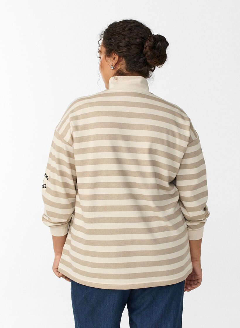 Gestreept sweatshirt met hoge col en ritssluiting, Beige, Model image number 2
