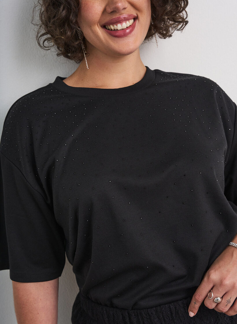T-shirt met strass-steentjes en ronde hals, Zwart, Model image number 3