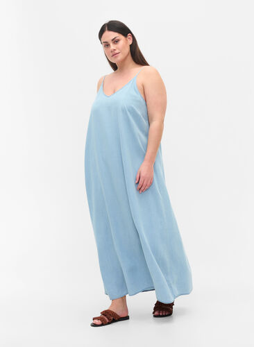Lange denim jurk met dunne bandjes, Light blue denim, Model image number 0