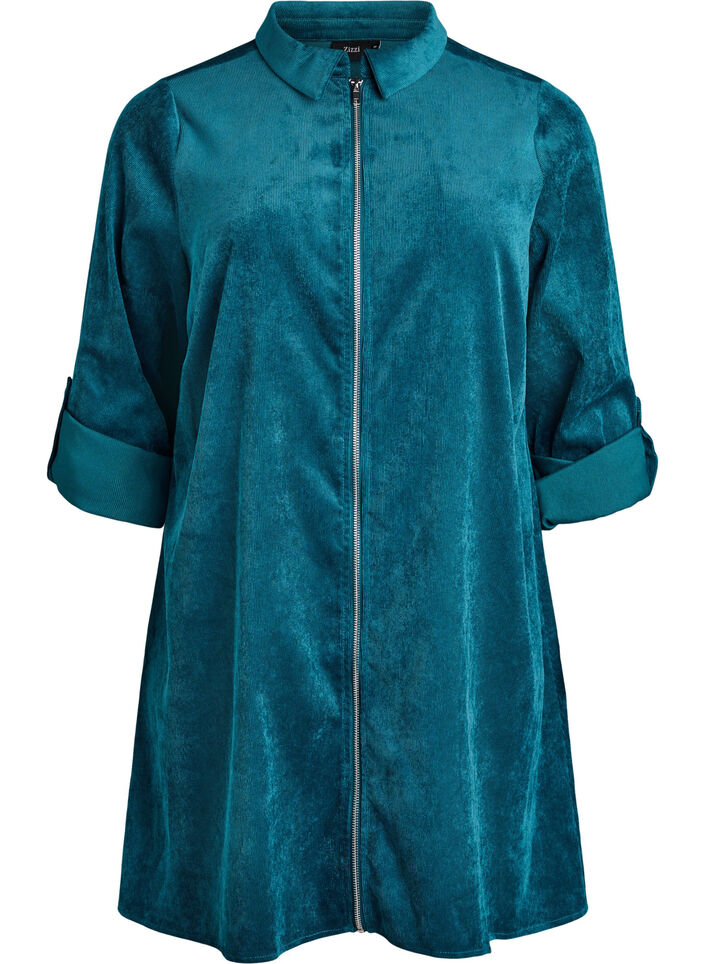 Corderoy jurk met rits en 3/4-mouwen, Groen, Packshot image number 0