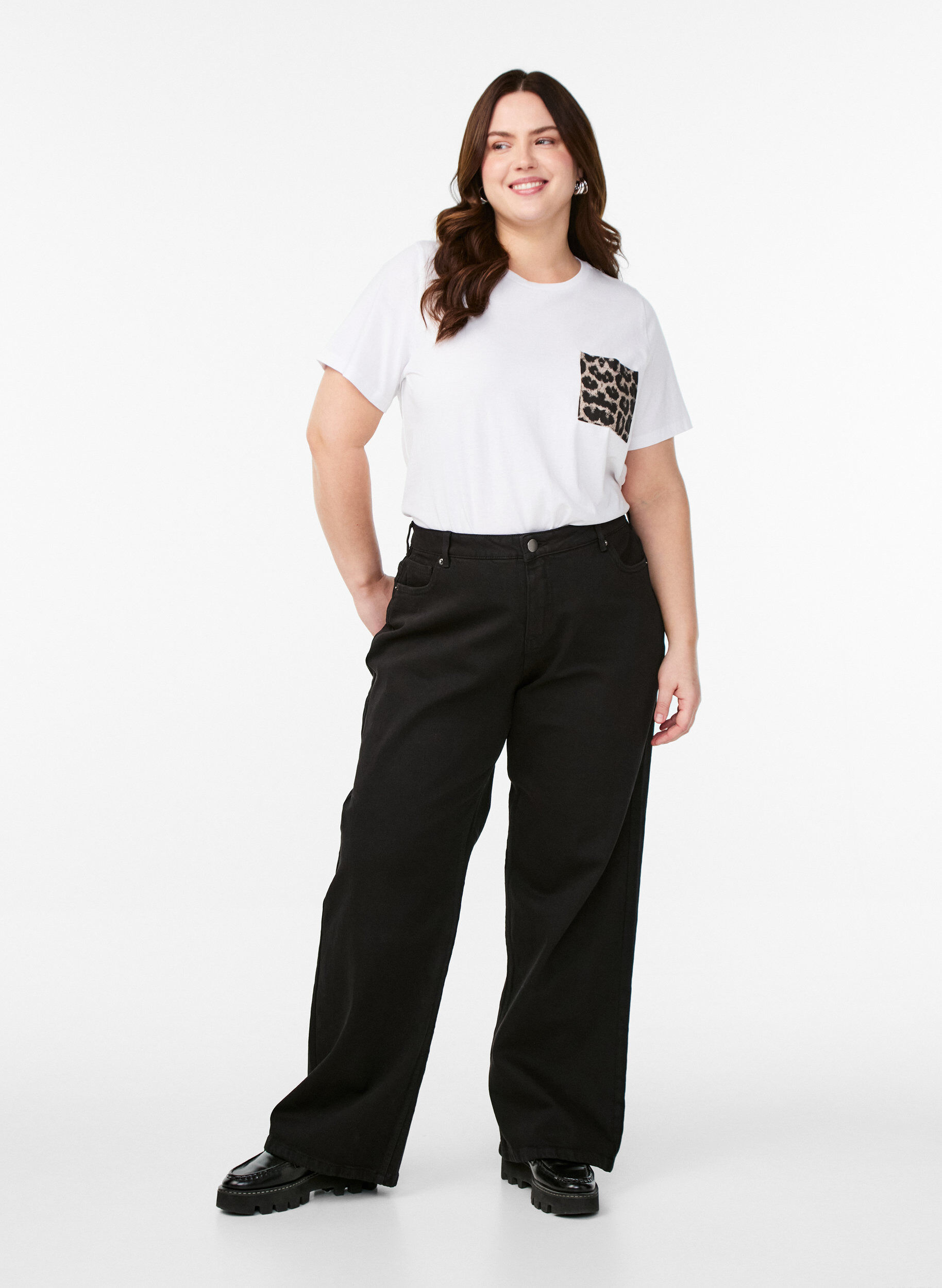 Jeans met wijde pijpen en hoge taille, Zwart, Model
