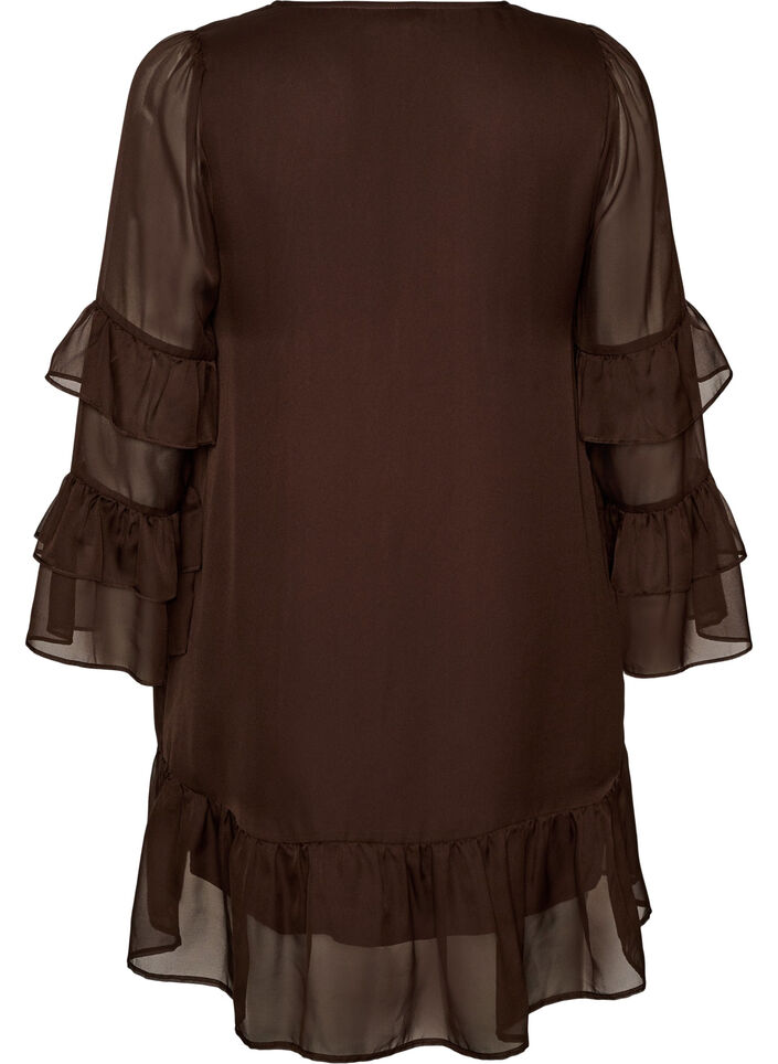 Korte jurk met transparante ruchesmouwen, Bruin, Packshot image number 1