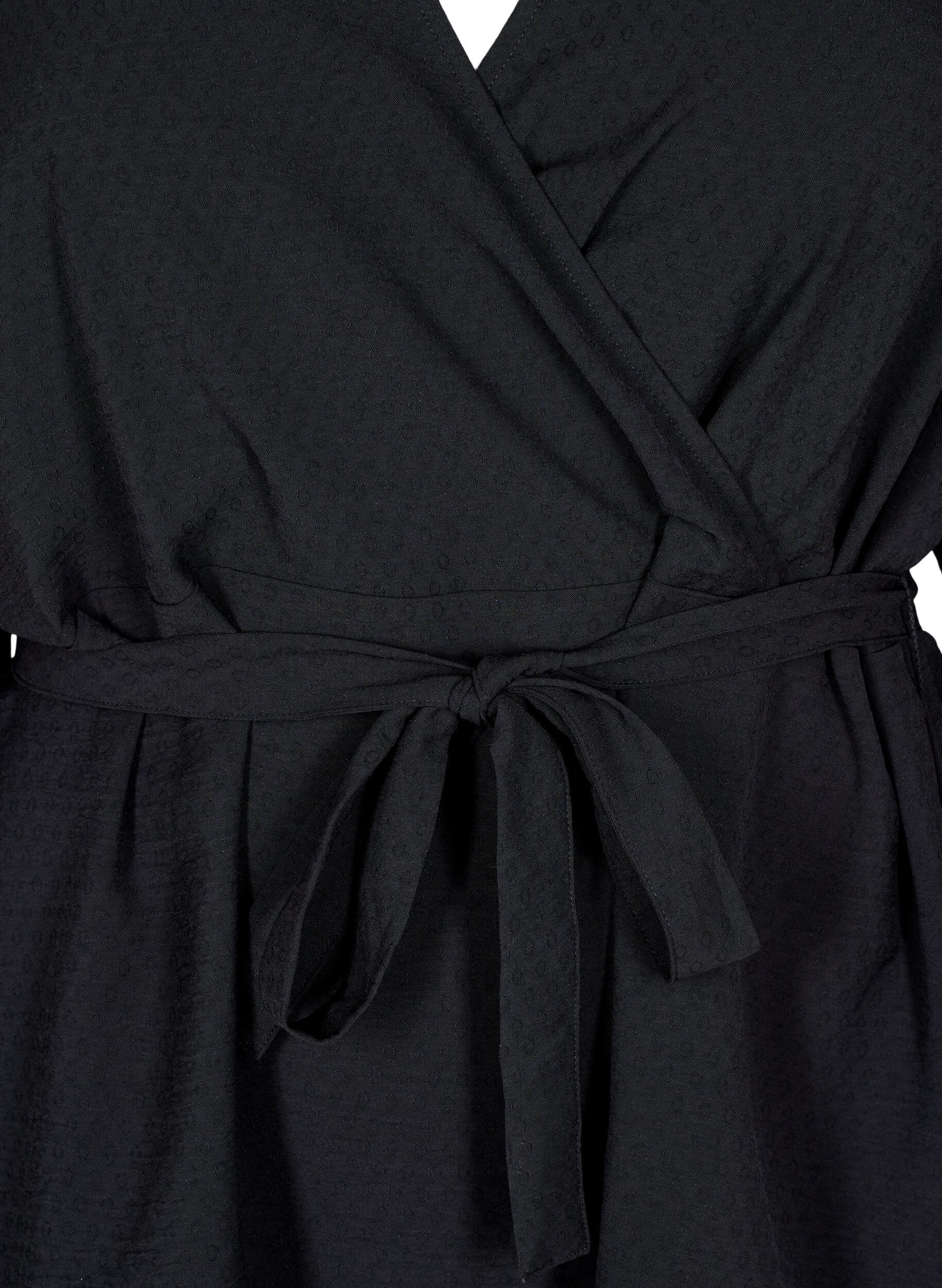 Zizzi Omslagblouse met lange mouwen en striksluiting, Zwart, Packshot image number 2