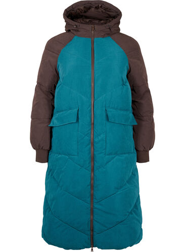 Lange kleurblokken winterjas met capuchon., Deep Teal Comb, Packshot image number 0