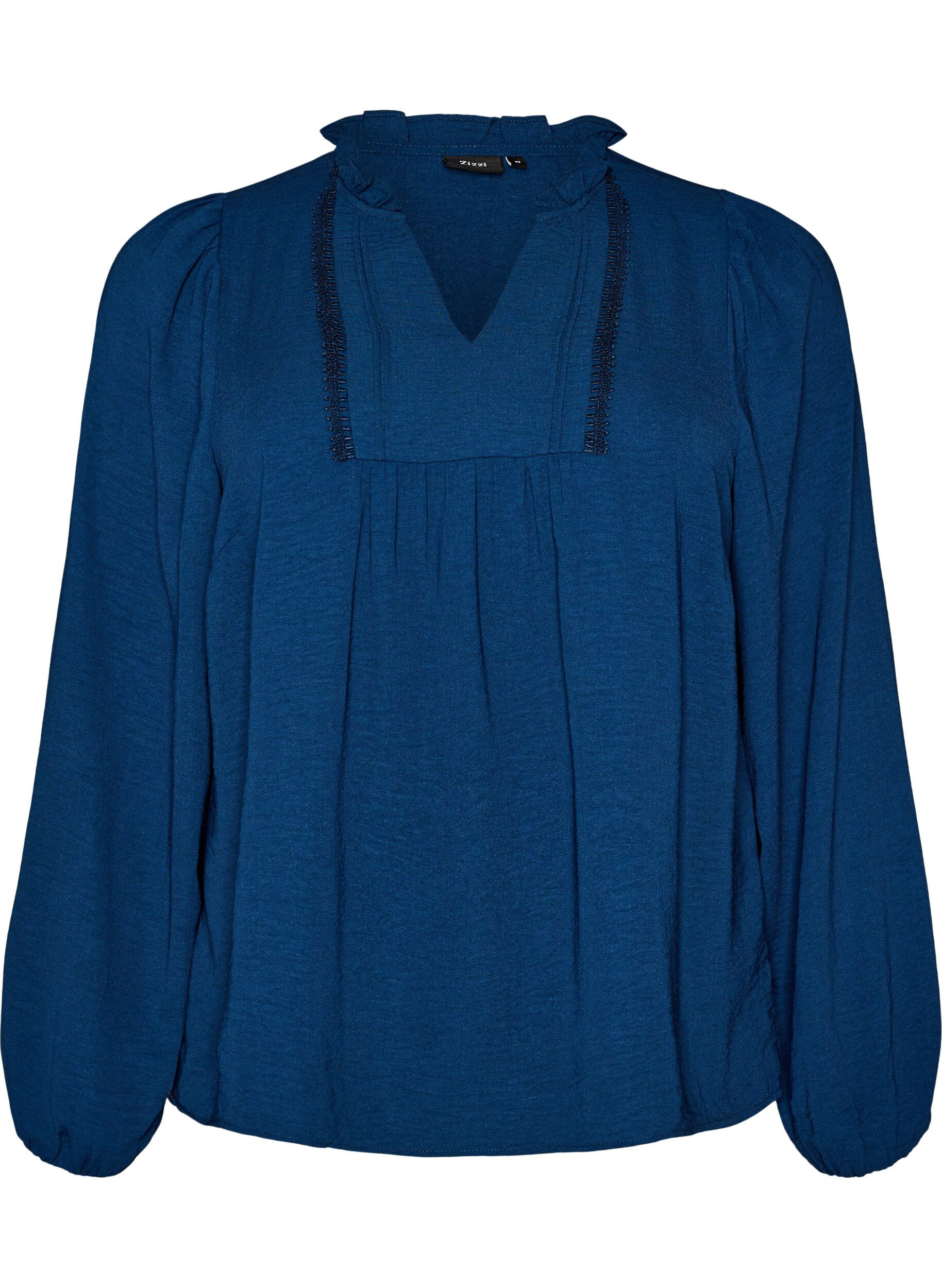 ZizziBlouse met V-hals en gehaakte sierband, Blauw, Packshot image number 0