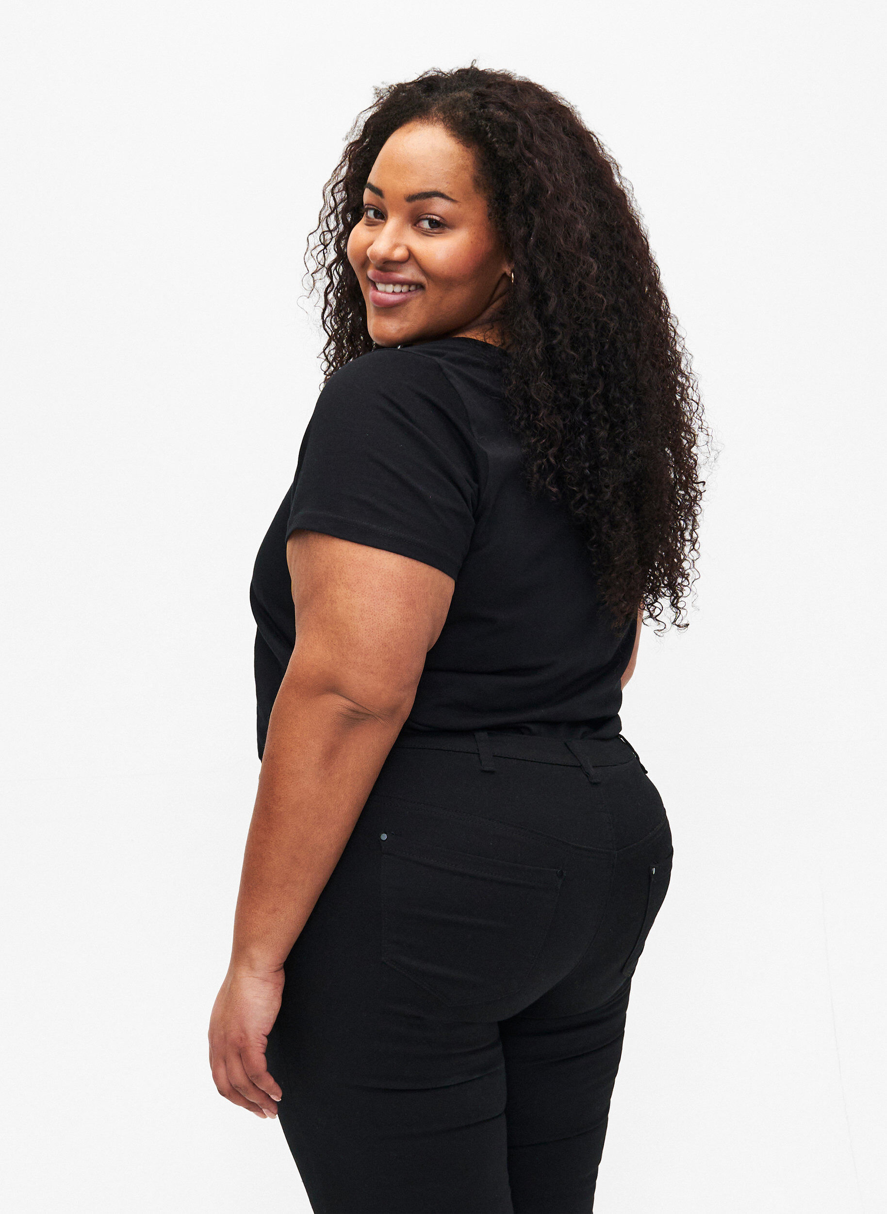 Zizzi Katoenen T-shirt met motief, Black w. Flower, Model image number 1