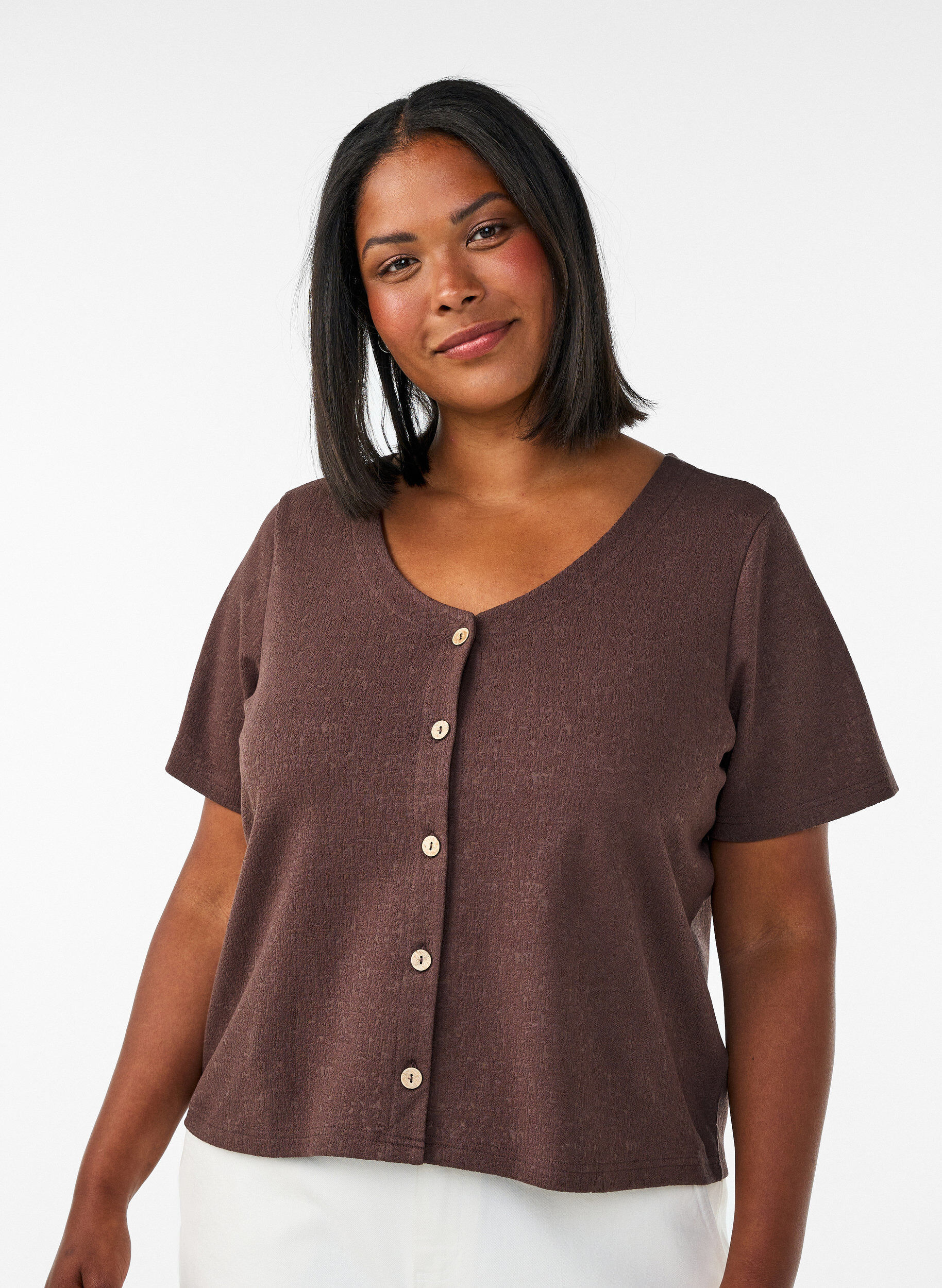 ZizziKatoenen blouse met structuur en knoopsluiting, Bruin, Model image number 0