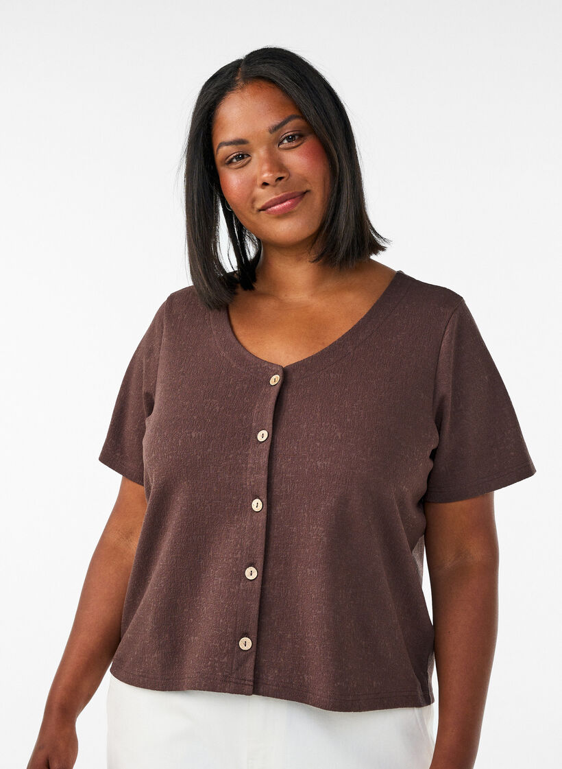 Katoenen blouse met structuur en knoopsluiting, Bruin, Model image number 0