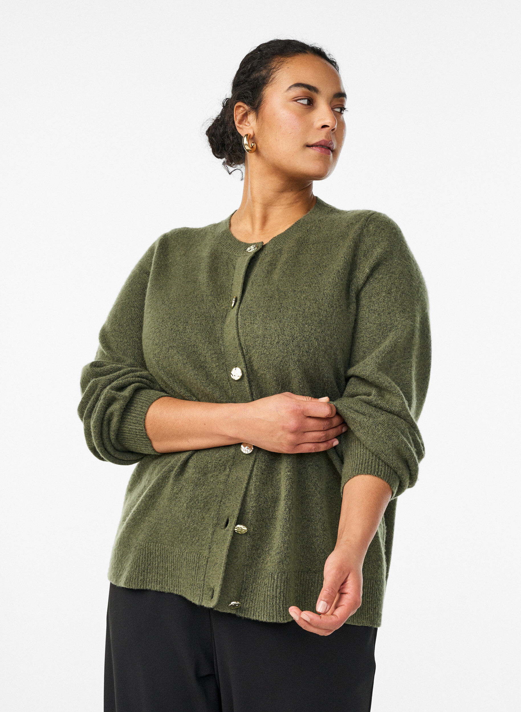 Vest in zacht breisel met goudkleurige knopen, Groen, Model