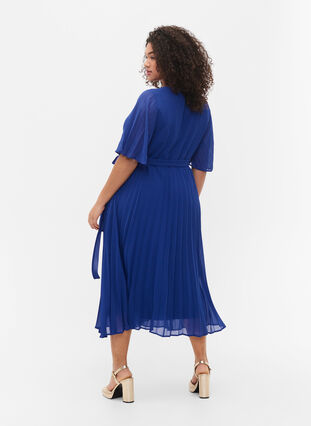Geplooide midi jurk met korte mouwen, Clematis Blue, Model image number 1