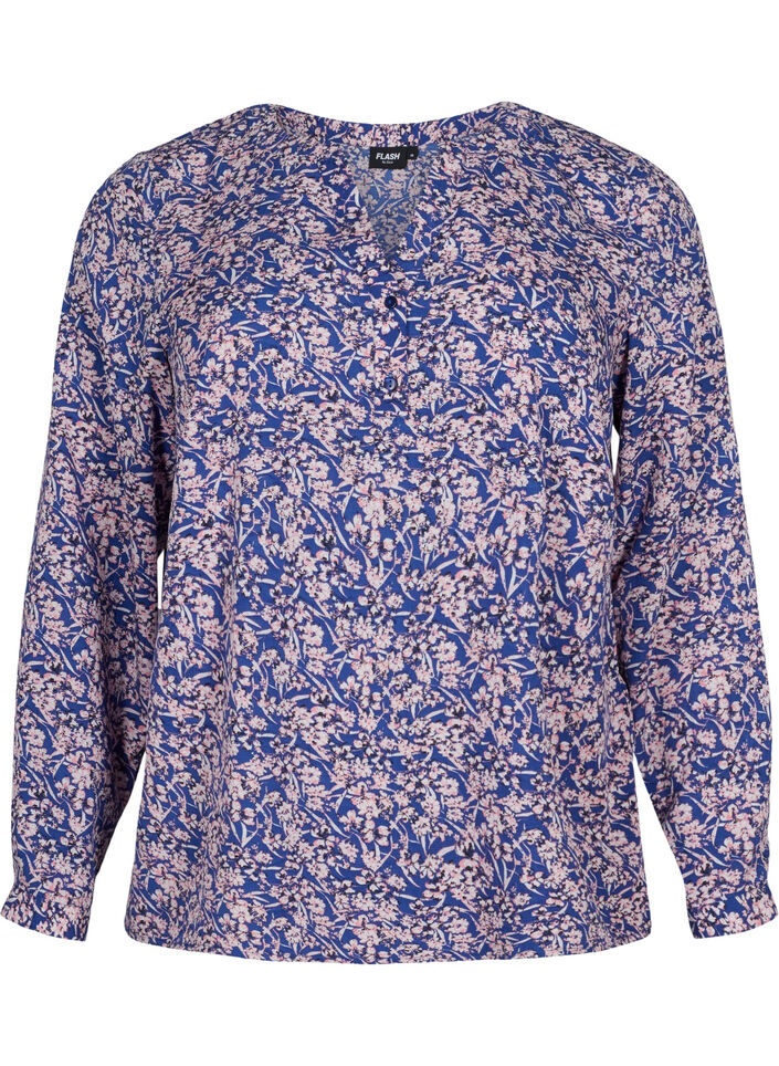 FLASH - Blouse met lange mouwen en print, Strong Blue Flower, Packshot image number 0