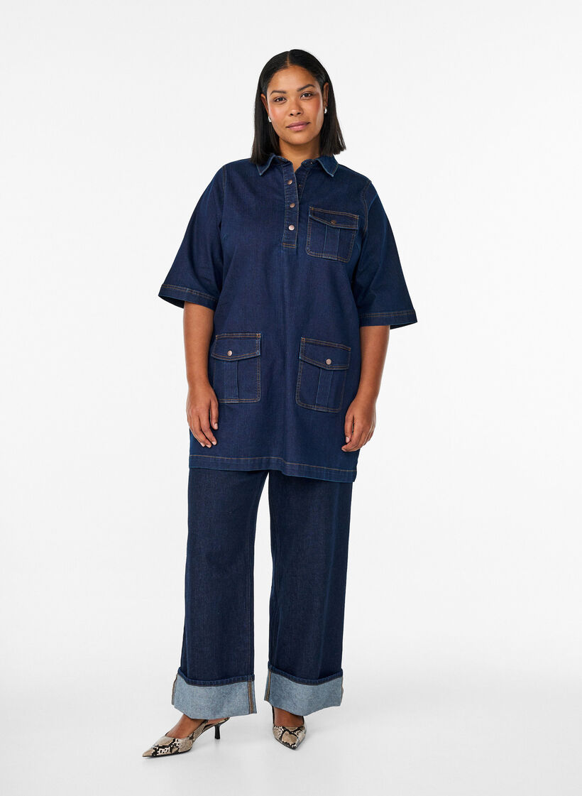 Denim jurk met grote zakken en 3/4 mouwen, Blauw, Model image number 1