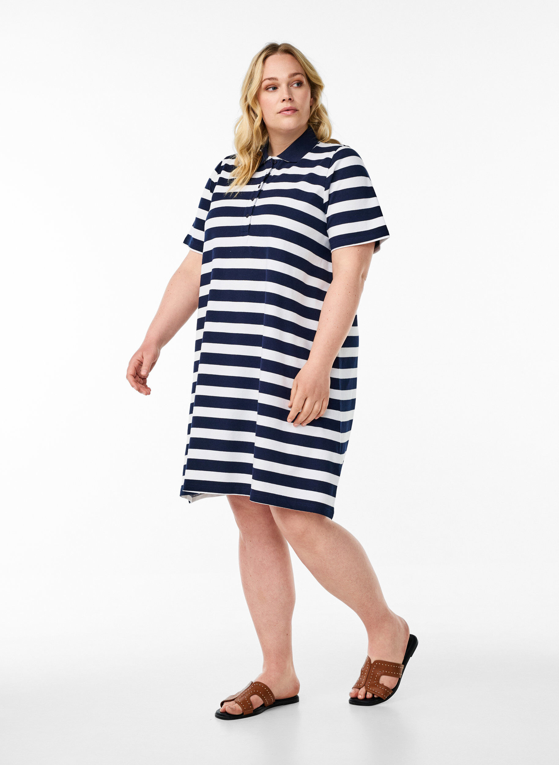 Zizzi Korte A-lijn polojurk, Blauw, Model image number 1