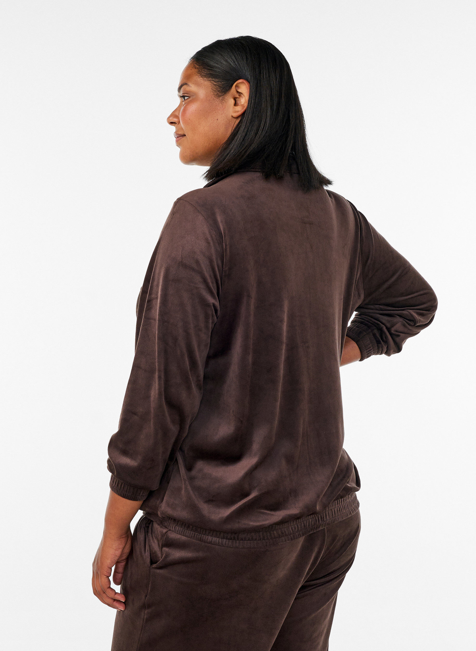 ZizziZachte velours cardigan met rits en hoge kraag, Bruin, Model image number 2
