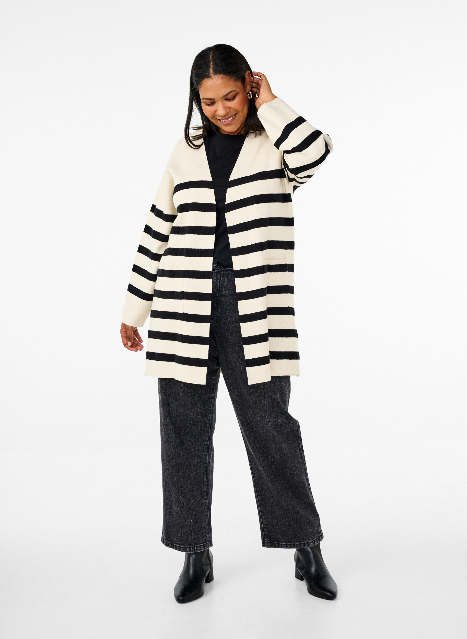 Zizzi Lange gestreepte gebreide cardigan, Birch w/Black, Model image number 2
