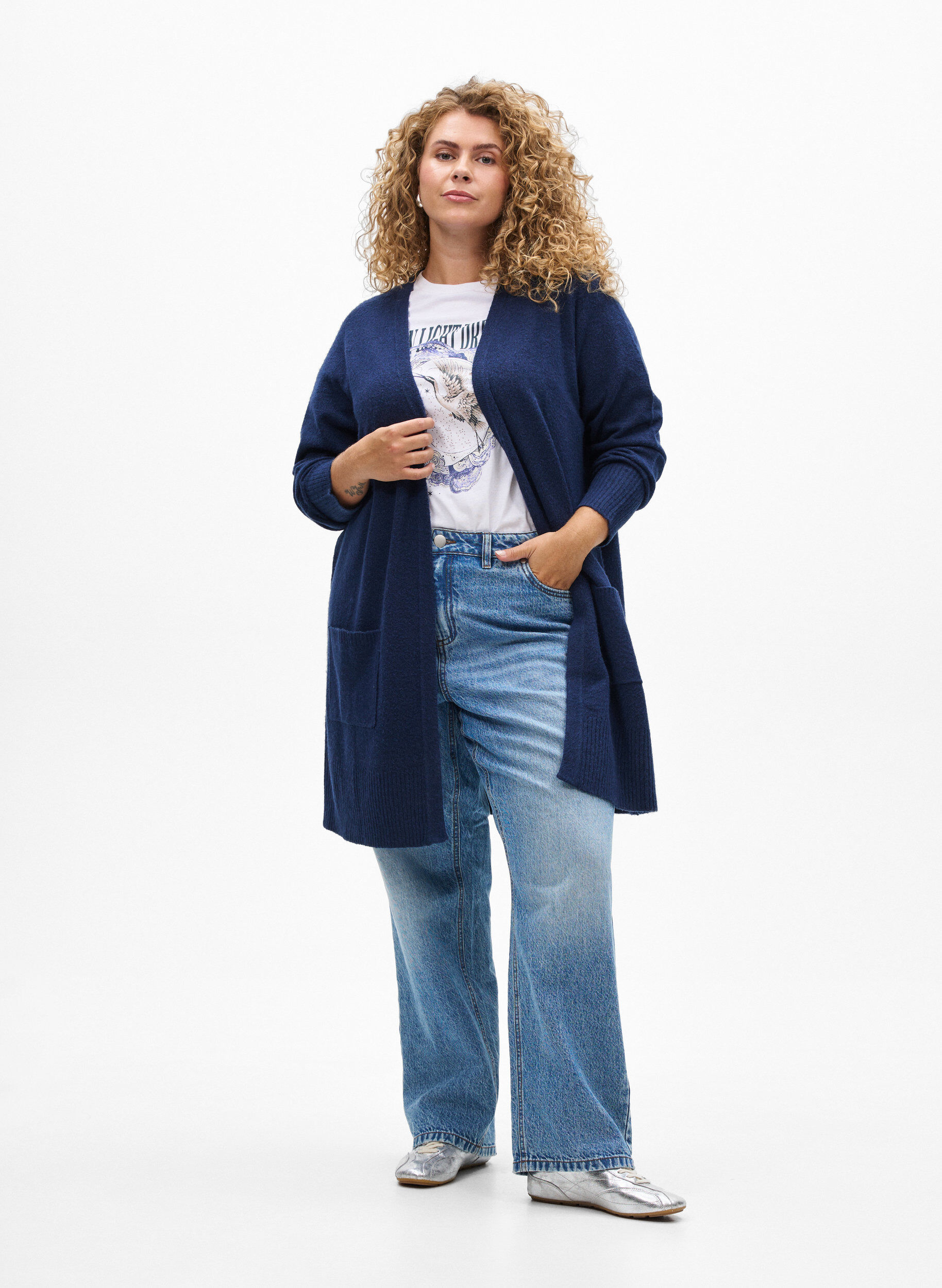 ZizziGeribd gebreid vest met zakken, Blauw, Model image number 1