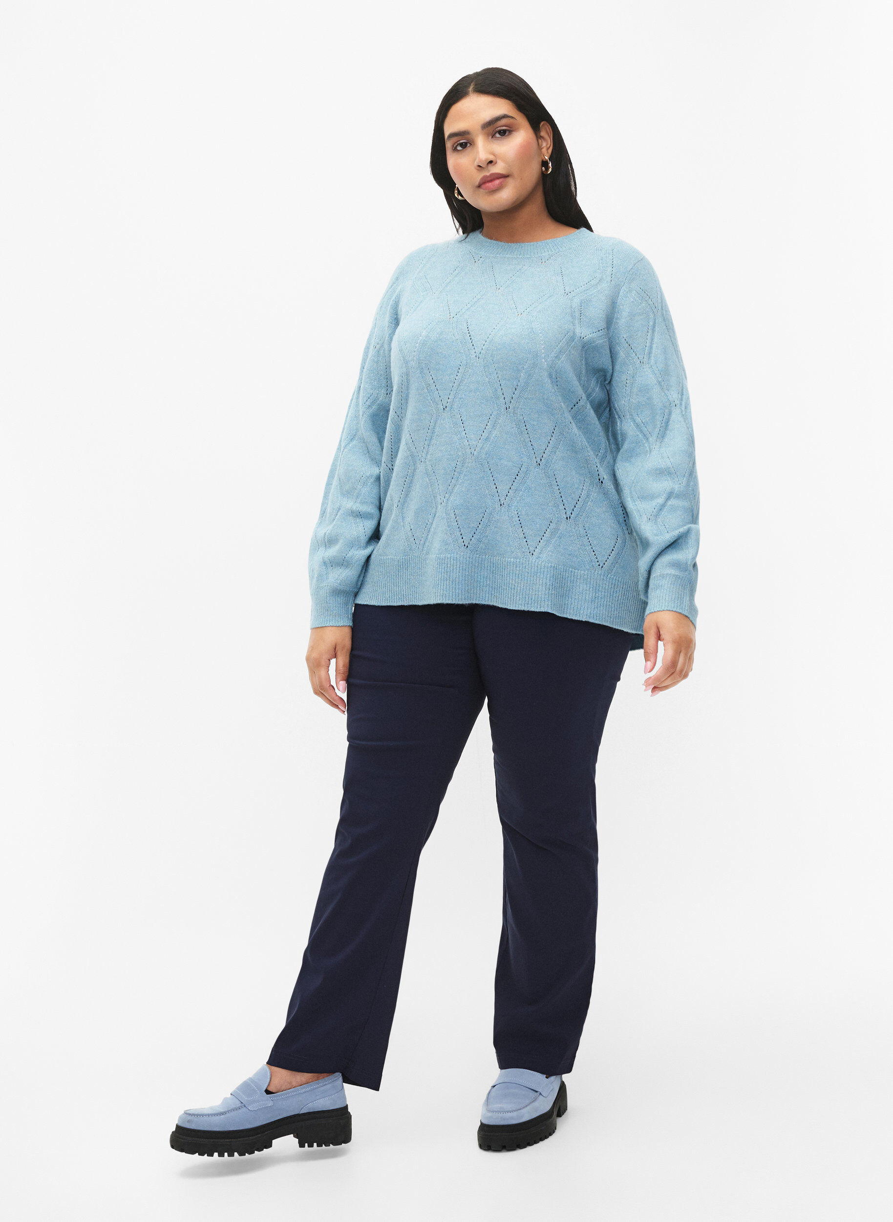 Zizzi Gebreide pullover met gaatjespatroon, Reef Waters Mel., Model image number 2