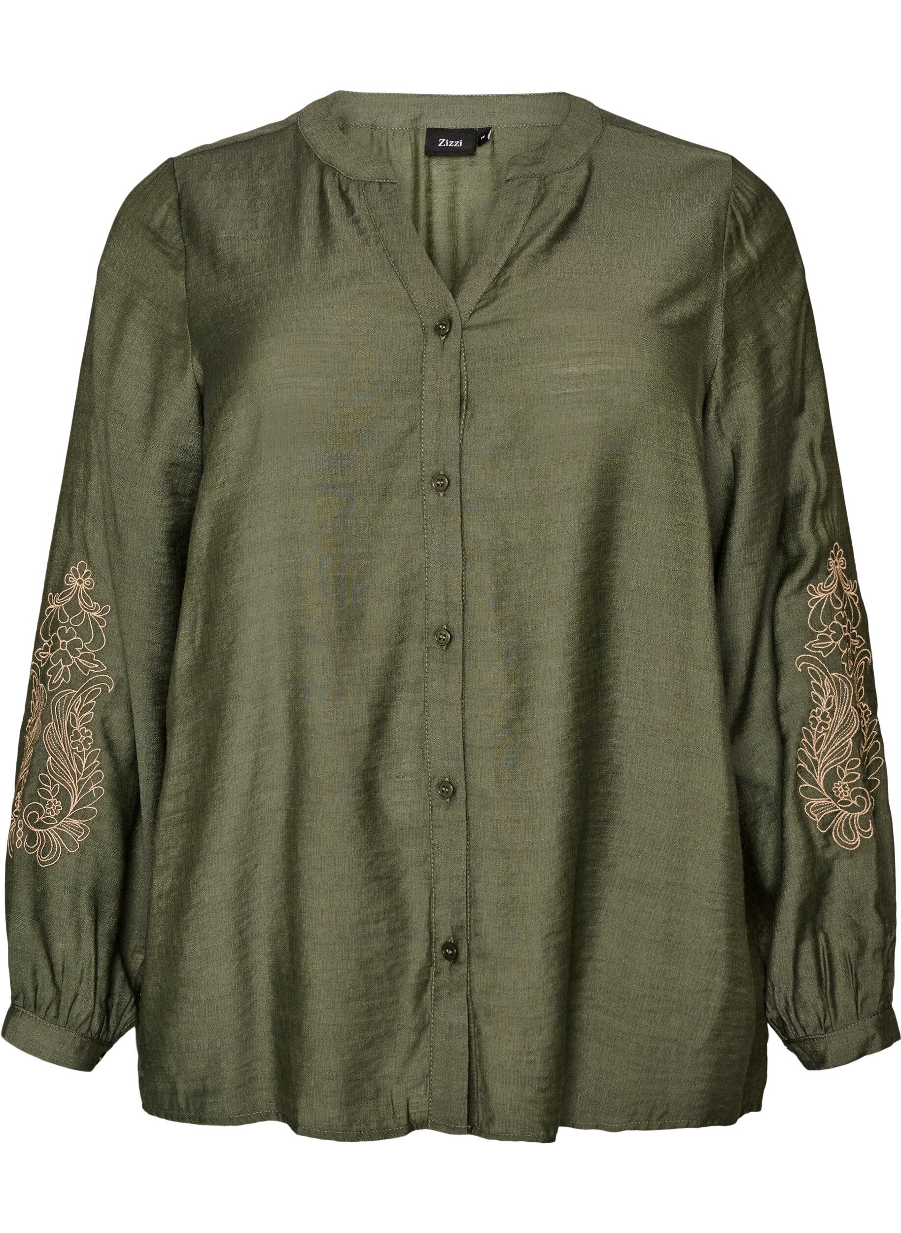 ZizziViscose shirt met geborduurde mouwen, Groen, Packshot image number 0