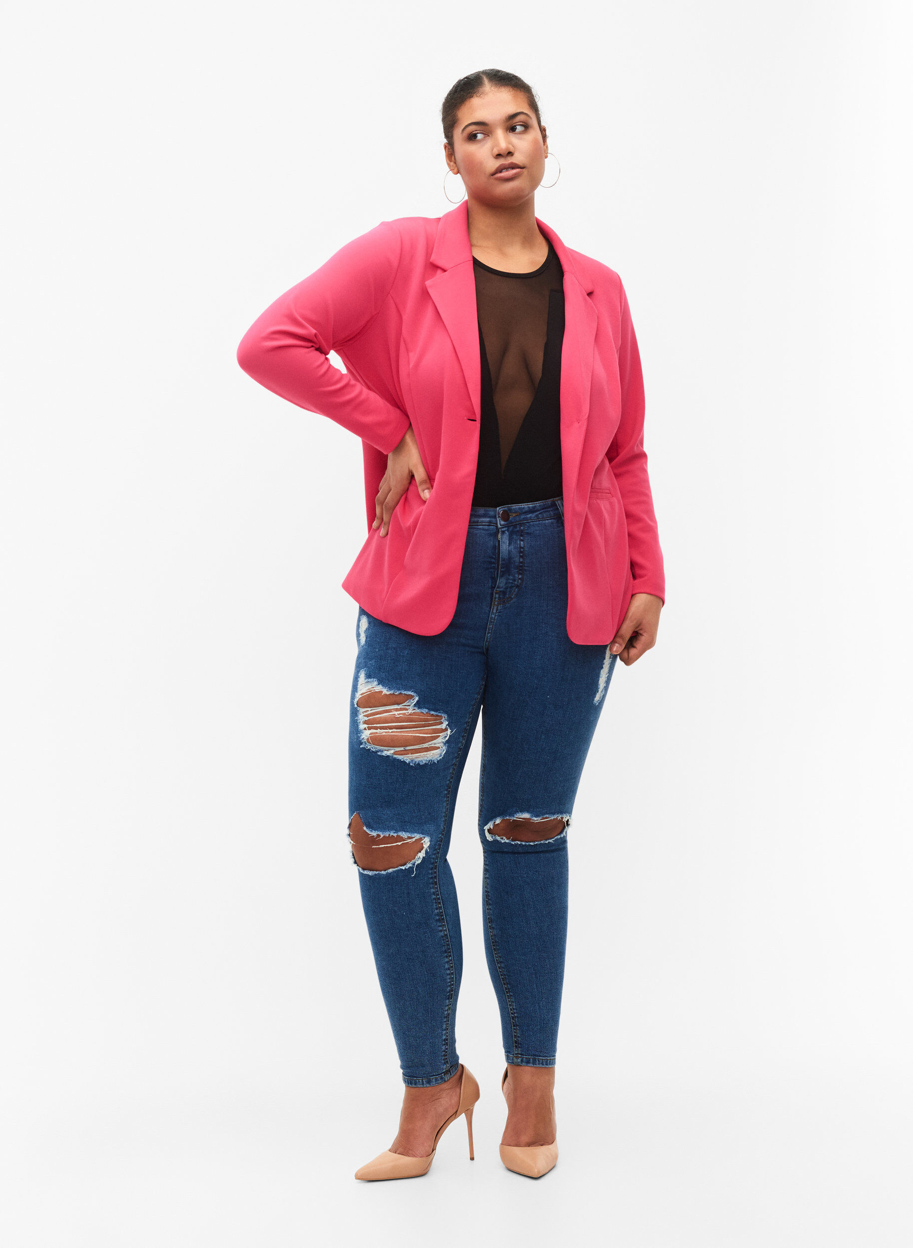 Zizzi Strakke jeans met slijtagedetails, Blue denim, Model image number 0