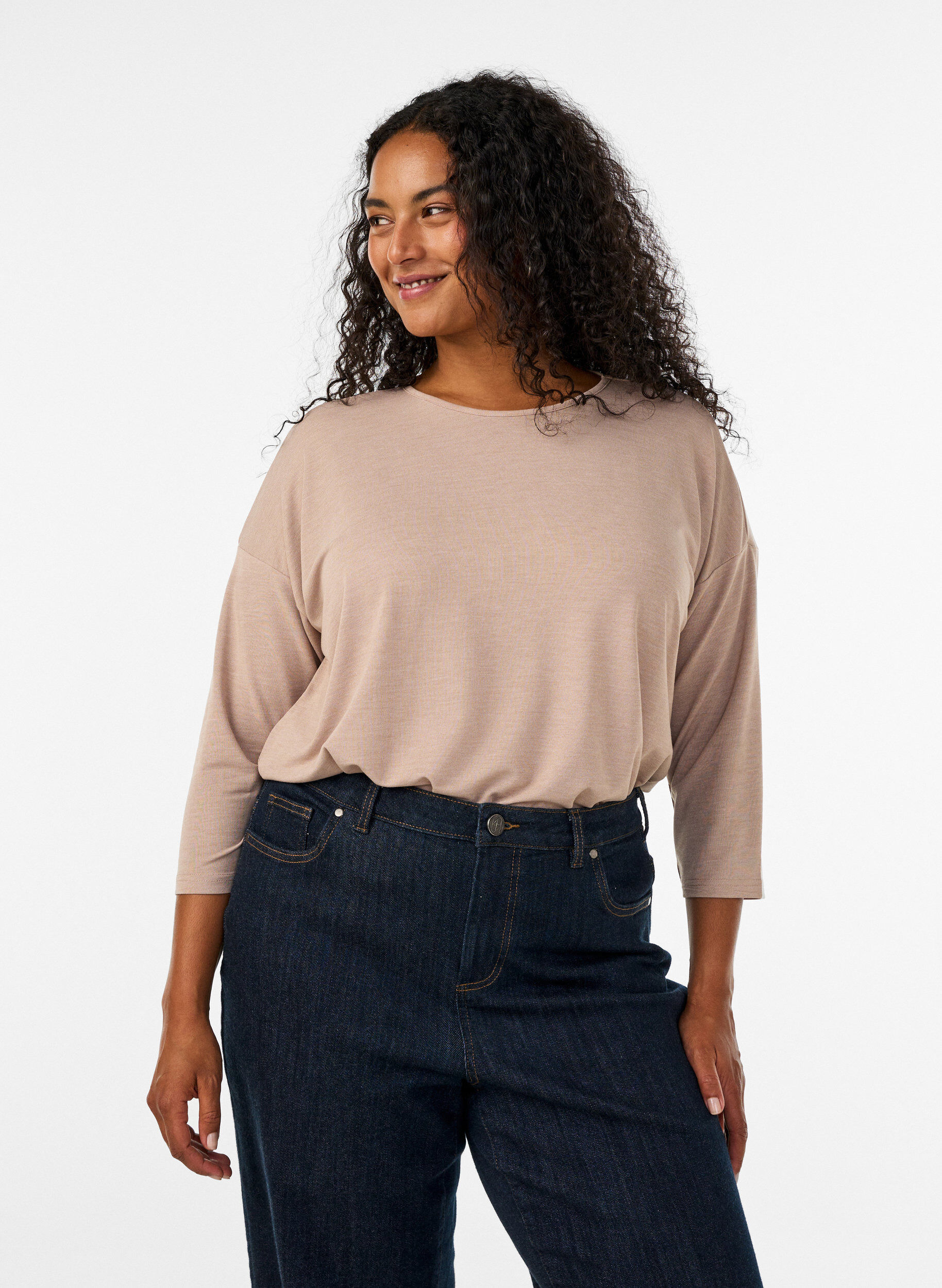 Jersey blouse met 3/4 mouwen, Beige, Model