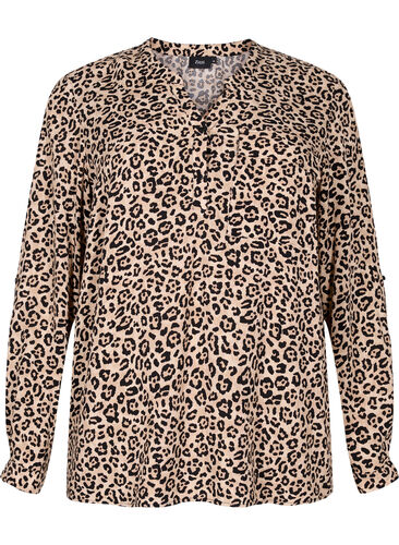Viscose blouse met lange mouwen in dierenprint, Leo AOP, Packshot image number 0