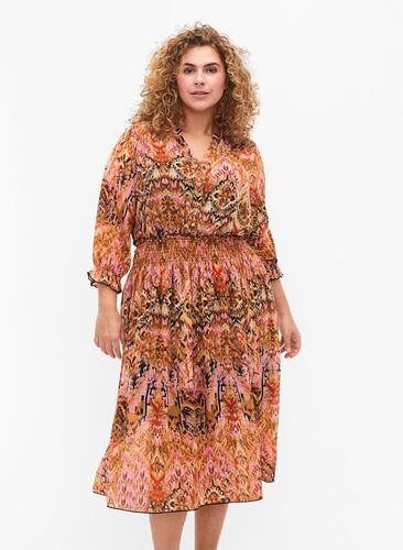 Midi-jurk met print, smock en 3/4-mouwen, Colorful Ethnic, Model image number 0