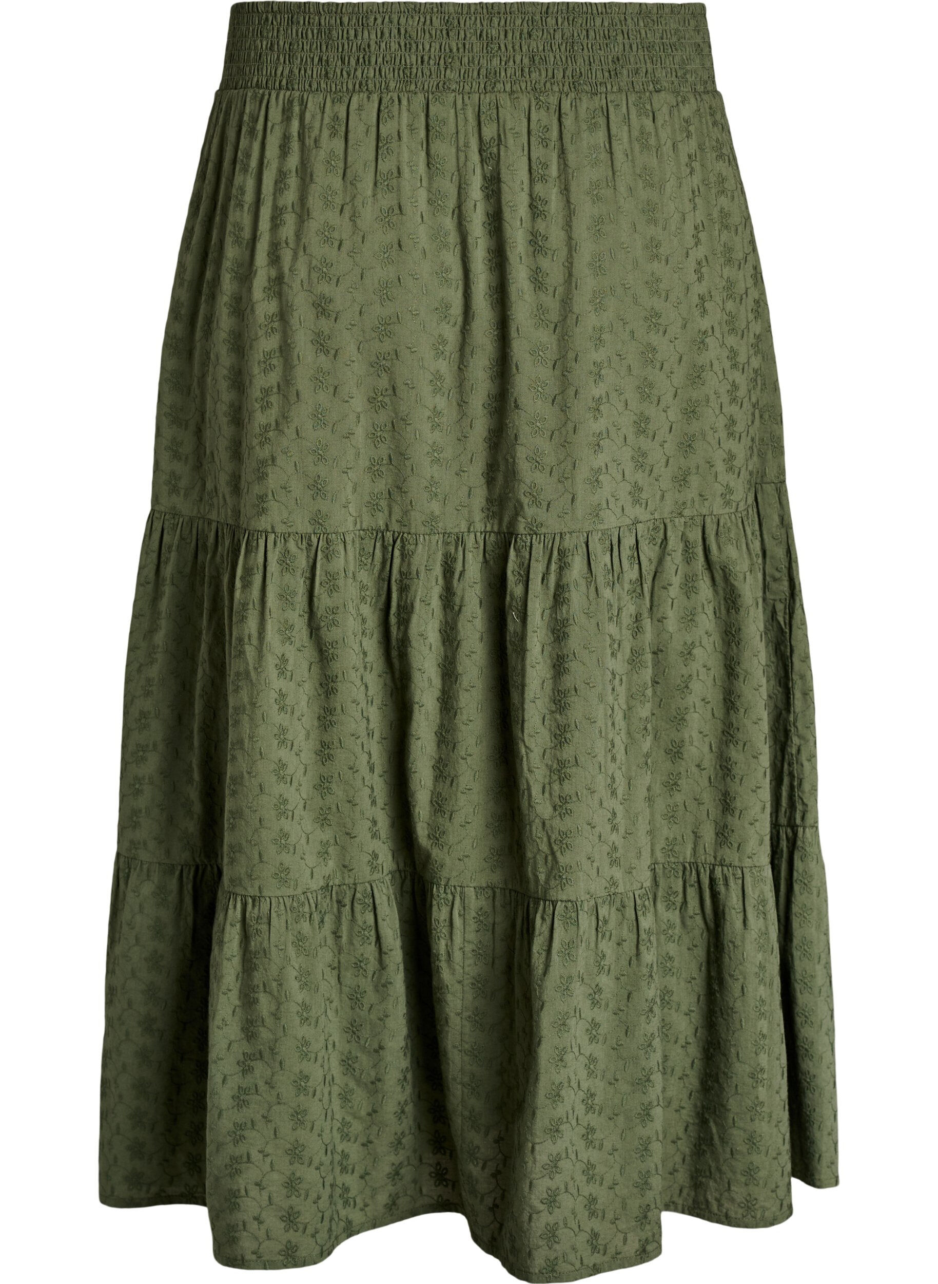 Zizzi Enkellange katoenen rok met gesmokte taille, Groen, Packshot image number 1