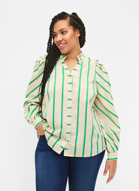 Katoenen overhemdblouse met strepen en kraag met ruches, Beige Green Stripe, Model