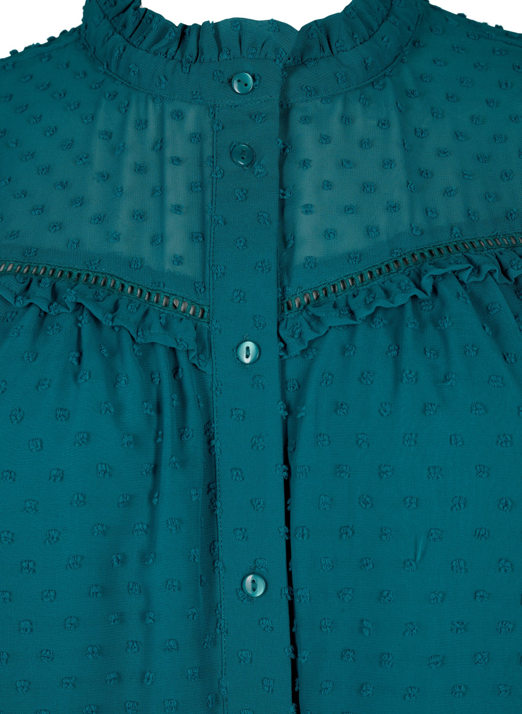 Zizzi T-shirtblouse met ruches en een gestippelde textuur, Shaded Spruce, Packshot image number 3
