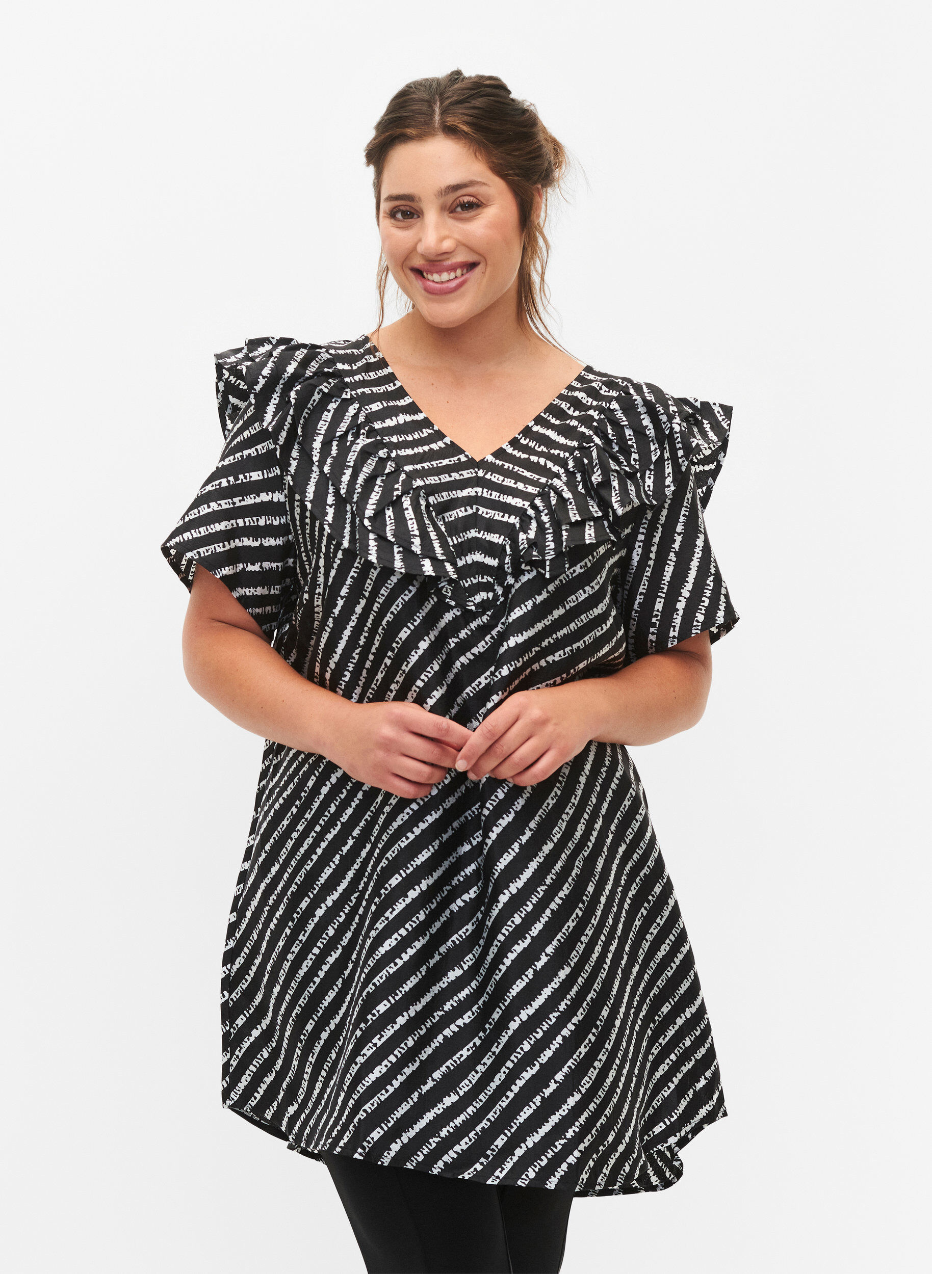 Zizzi Gestreepte tuniek met franjes, Black/White Stripes, Model image number 0