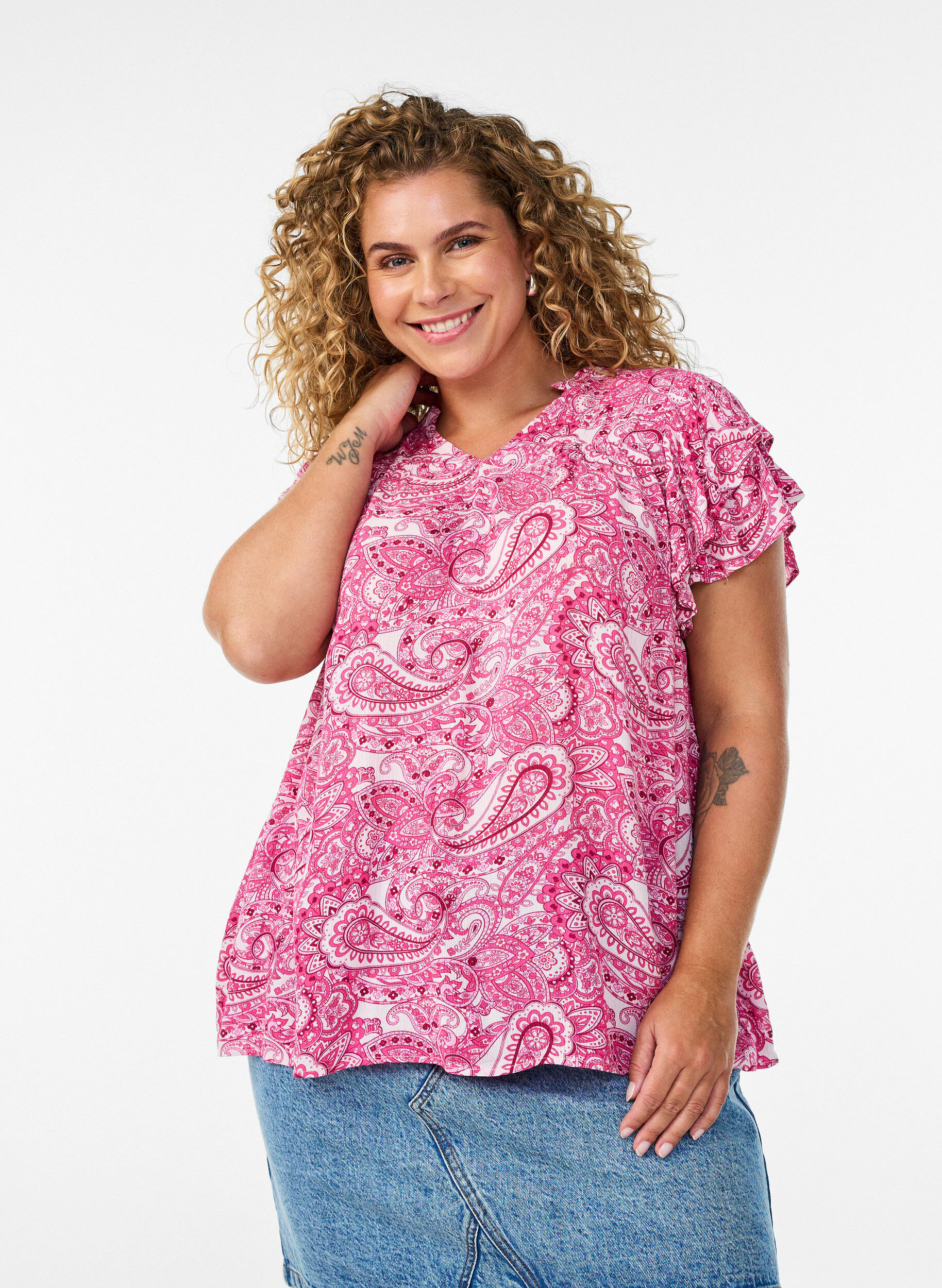Zizzi Gedessineerde viscose blouse met ruches, Roze, Model image number 0