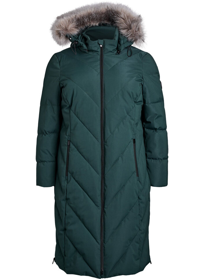 Lange winterjas met haaksluitingen en een nep bontkraag, Groen, Packshot image number 0