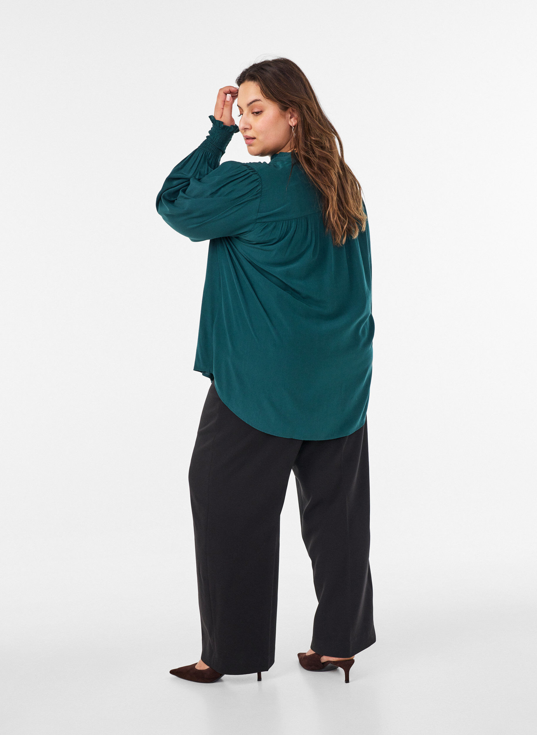 ZizziBlouse met ruches kraag en plooien, Groen, Model image number 2